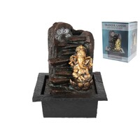 28cm Ganesh Water Fountain Gold Statue with LED Light, Indoor or Outdoor Zen Living